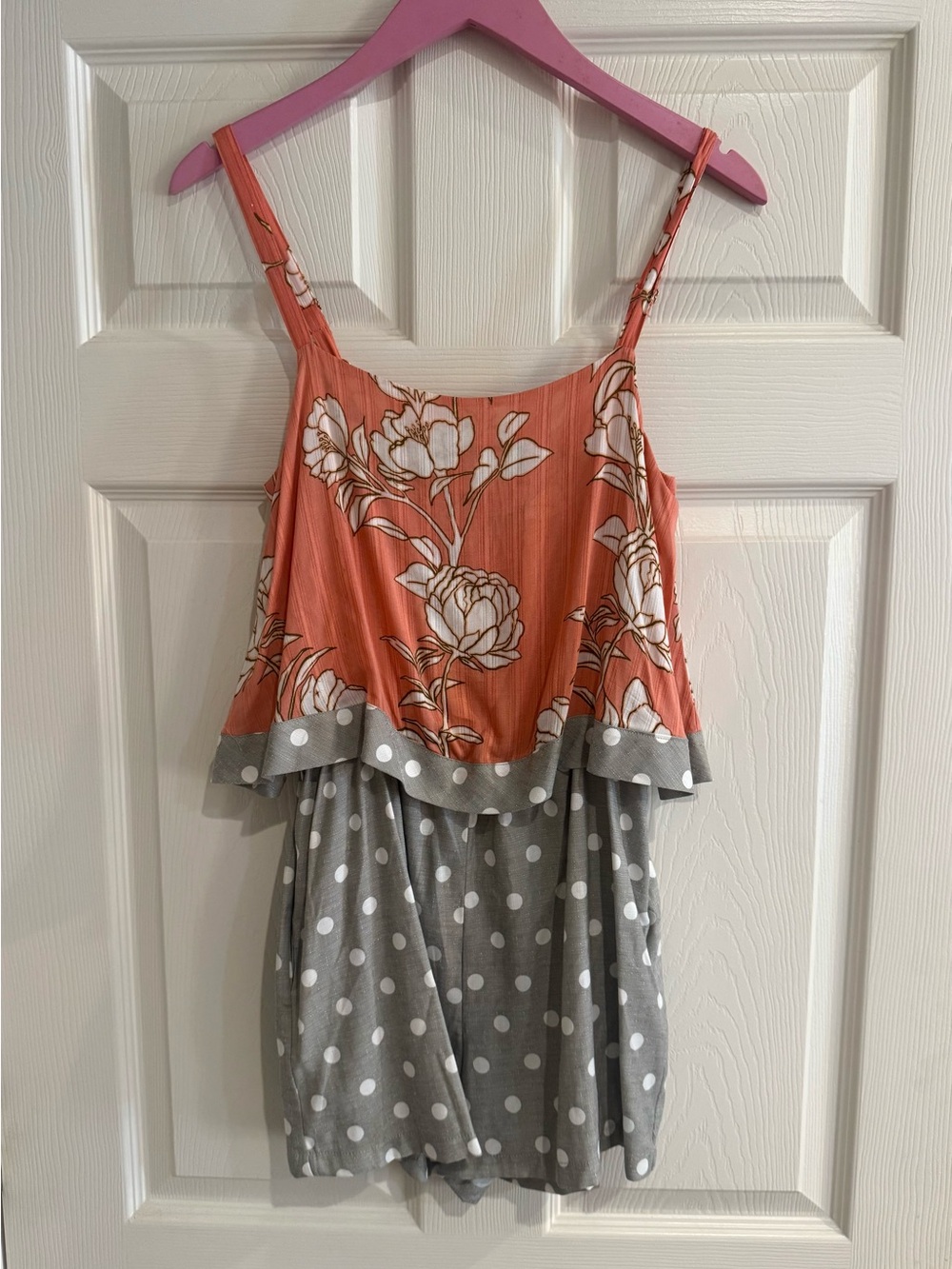 MINKPINK Coral Floral & Gray Polka Dot Romper